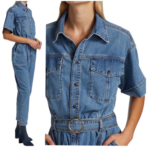 Frame NWT Arie Belted Utilitarian Denim Jumpsuit Size S Patch Pockets Buttons - Picture 3 of 12